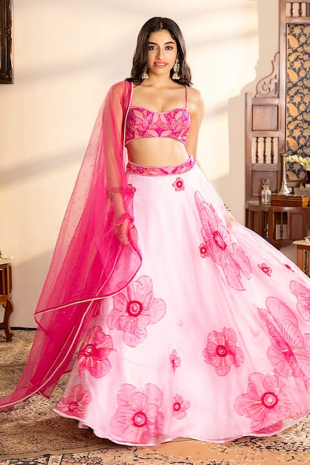 Buy_Krishna Padia_Pink Organza, Net Beads, Sequins, Cut Work, Embroidery Floral Lehenga Set 