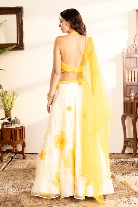 Shop_Krishna Padia_Yellow Organza, Net Cut Work, Sequins Halter Neck Floral Cutdana Lehenga Set _at_Aza_Fashions