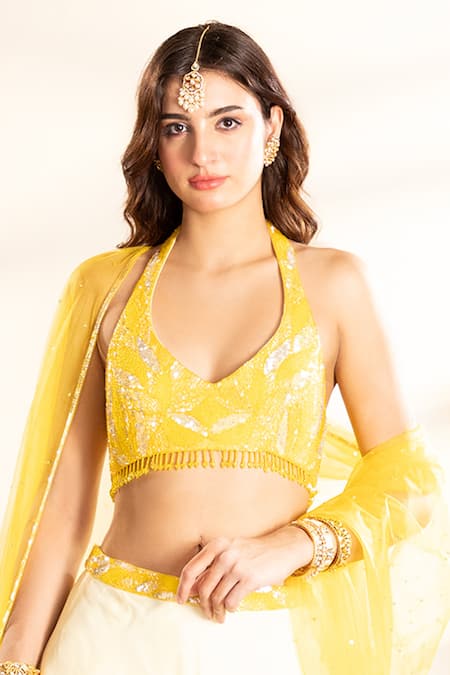 Krishna Padia_Yellow Organza, Net Cut Work, Sequins Halter Neck Floral Cutdana Lehenga Set _Online_at_Aza_Fashions