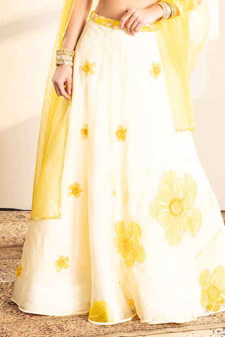 Buy_Krishna Padia_Yellow Organza, Net Cut Work, Sequins Halter Neck Floral Cutdana Lehenga Set _Online_at_Aza_Fashions