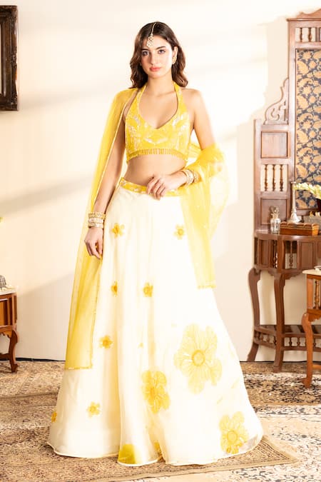 Shop_Krishna Padia_Yellow Organza, Net Cut Work, Sequins Halter Neck Floral Cutdana Lehenga Set _Online_at_Aza_Fashions