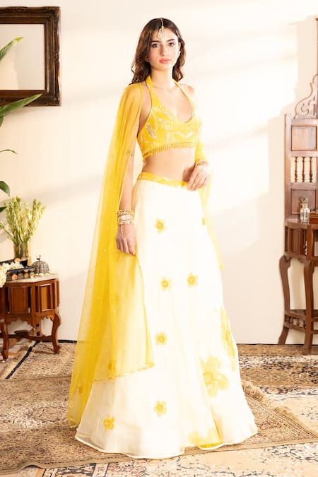Krishna Padia_Yellow Organza, Net Cut Work, Sequins Halter Neck Floral Cutdana Lehenga Set _at_Aza_Fashions
