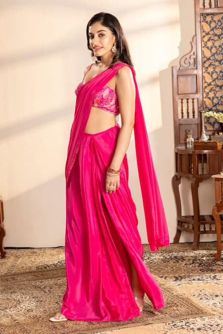 Krishna Padia Pink Crepe, Net Cut Work Sweetheart Cutdana Embroidered Pre-draped Saree Set at Aza Fashions Krishna Padia_Pink Crepe, Net Cut Work Sweetheart Cutdana Embroidered Pre-draped Saree Set _at_Aza_Fashions
