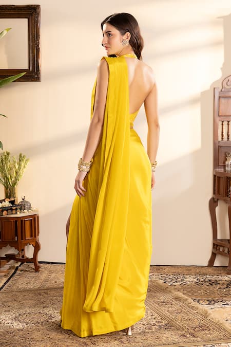 Krishna Padia Yellow Embroidered Pre-draped Saree Set 