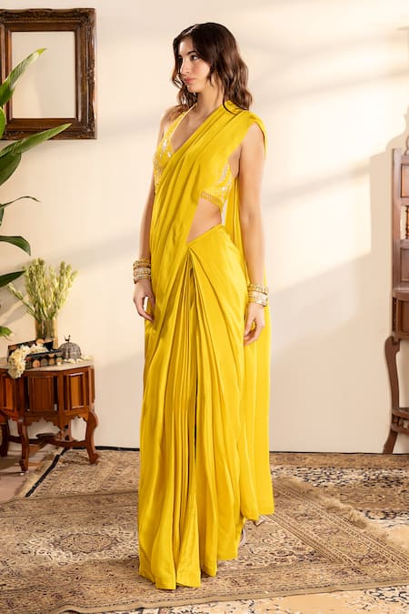 Buy_Krishna Padia_Yellow Net, Crepe Sequins, Cut Work Halter Neck Embroidered Pre-draped Saree Set _Online_at_Aza_Fashions