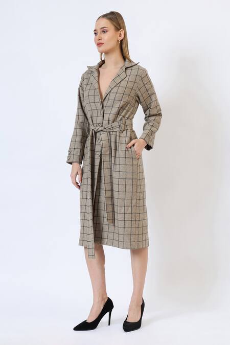 Musal_Green Polyester, Wool Check Pattern Knitted Trench Coat _Online_at_Aza_Fashions