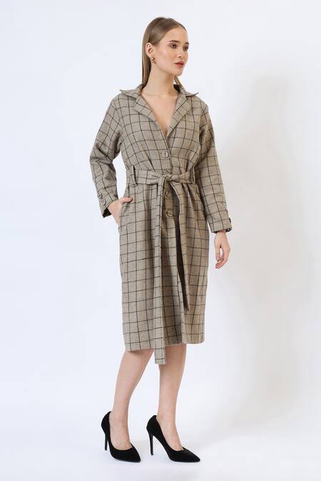 Buy_Musal_Green Polyester, Wool Check Pattern Knitted Trench Coat _Online_at_Aza_Fashions