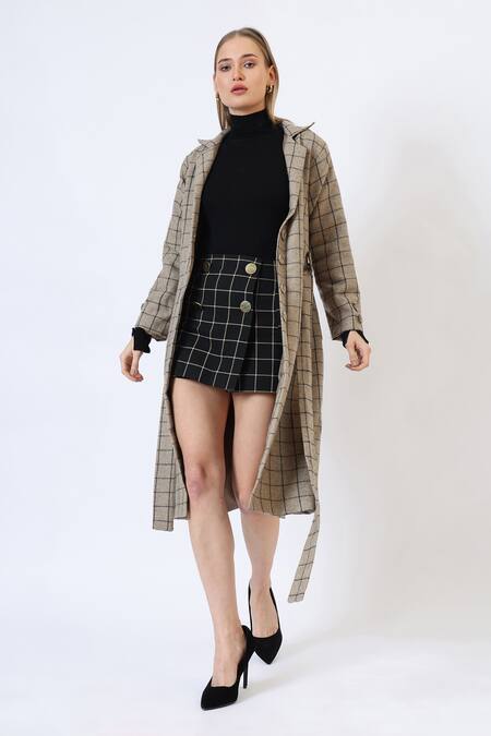 Musal_Green Polyester, Wool Check Pattern Knitted Trench Coat _at_Aza_Fashions