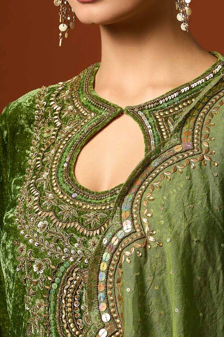 Buy Yoshita Couture Green Silk, Velvet Sequins, Beads, Embroidery Keyhole Floral Kurta Pant Set Online at Aza Fashions Buy_Yoshita Couture_Green Silk, Velvet Sequins, Beads, Embroidery Keyhole Floral Kurta Pant Set _Online_at_Aza_Fashions