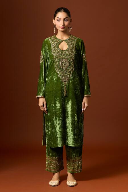 Shop Yoshita Couture Green Silk, Velvet Sequins, Beads, Embroidery Keyhole Floral Kurta Pant Set Online at Aza Fashions Shop_Yoshita Couture_Green Silk, Velvet Sequins, Beads, Embroidery Keyhole Floral Kurta Pant Set _Online_at_Aza_Fashions