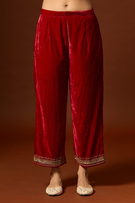 Yoshita Couture_Red Silk, Net, Satin, Velvet Sequins, Lace, Embroidery V-neck Paisley Kurta Set _at_Aza_Fashions