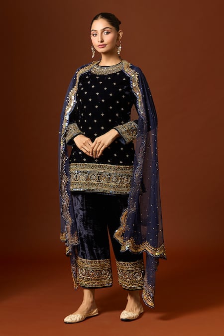 Yoshita Couture_Blue Silk, Velvet, Net Sequins, Zari, Embroidery Round Neck Ink Kurta Set _Online_at_Aza_Fashions