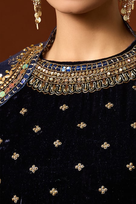 Shop_Yoshita Couture_Blue Silk, Velvet, Net Sequins, Zari, Embroidery Round Neck Ink Kurta Set _Online_at_Aza_Fashions