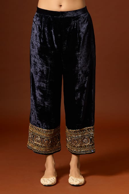 Yoshita Couture_Blue Silk, Velvet, Net Sequins, Zari, Embroidery Round Neck Ink Kurta Set _at_Aza_Fashions