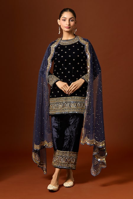 Buy_Yoshita Couture_Blue Silk, Velvet, Net Sequins, Zari, Embroidery Round Neck Ink Kurta Set 