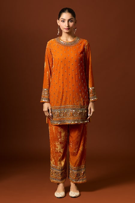 Yoshita Couture Yellow Silk, Satin, Velvet Sequins, Lace, Embroidery, Floral Zardozi Kurta Set Online at Aza Fashions Yoshita Couture_Yellow Silk, Satin, Velvet Sequins, Lace, Embroidery, Floral Zardozi Kurta Set _Online_at_Aza_Fashions