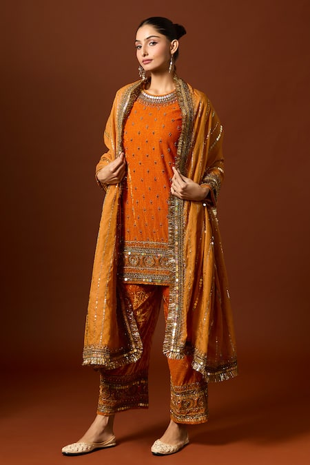 Buy Yoshita Couture Yellow Silk, Satin, Velvet Sequins, Lace, Embroidery, Floral Zardozi Kurta Set Online at Aza Fashions Buy_Yoshita Couture_Yellow Silk, Satin, Velvet Sequins, Lace, Embroidery, Floral Zardozi Kurta Set _Online_at_Aza_Fashions