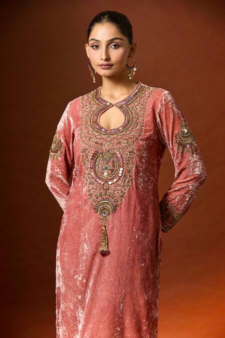 Buy Yoshita Couture Pink Silk, Velvet, Satin Sequins, Beads, Embroidery Keyhole Floral Kurta Set Online at Aza Fashions Buy_Yoshita Couture_Pink Silk, Velvet, Satin Sequins, Beads, Embroidery Keyhole Floral Kurta Set _Online_at_Aza_Fashions