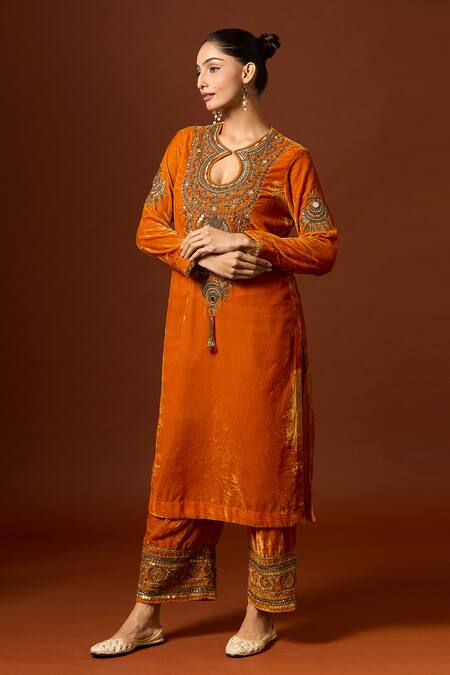 Yoshita Couture_Yellow Silk, Satin, Velvet Sequins, Beads, Embroidery Zardozi Mustard Kurta Set _Online_at_Aza_Fashions