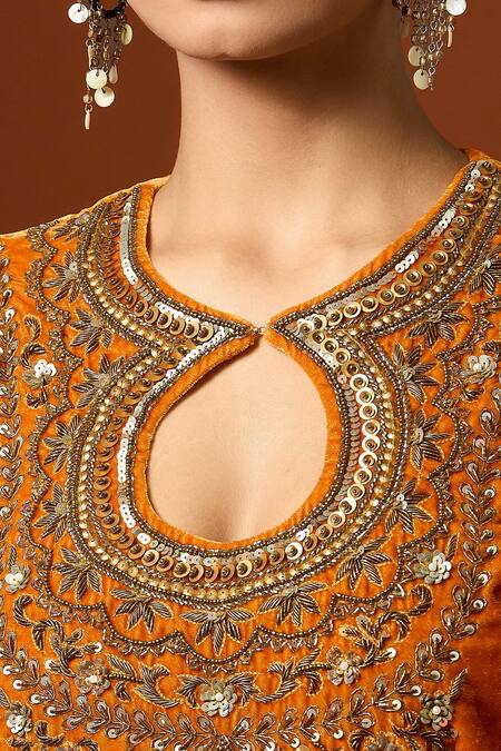 Buy_Yoshita Couture_Yellow Silk, Satin, Velvet Sequins, Beads, Embroidery Zardozi Mustard Kurta Set _Online_at_Aza_Fashions