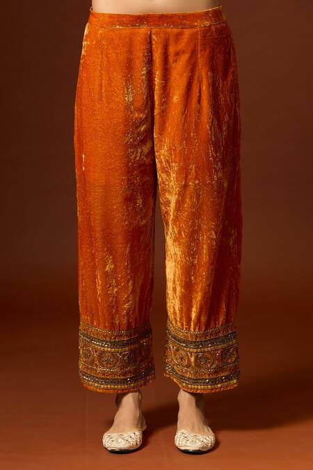 Shop_Yoshita Couture_Yellow Silk, Satin, Velvet Sequins, Beads, Embroidery Zardozi Mustard Kurta Set _Online_at_Aza_Fashions