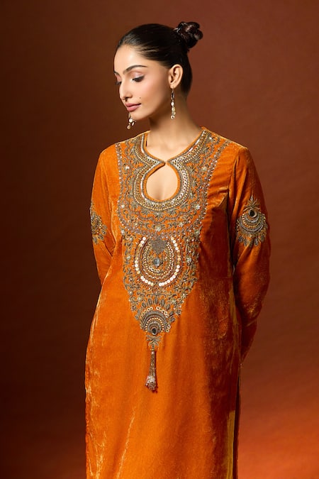 Yoshita Couture_Yellow Silk, Satin, Velvet Sequins, Beads, Embroidery Zardozi Mustard Kurta Set _at_Aza_Fashions