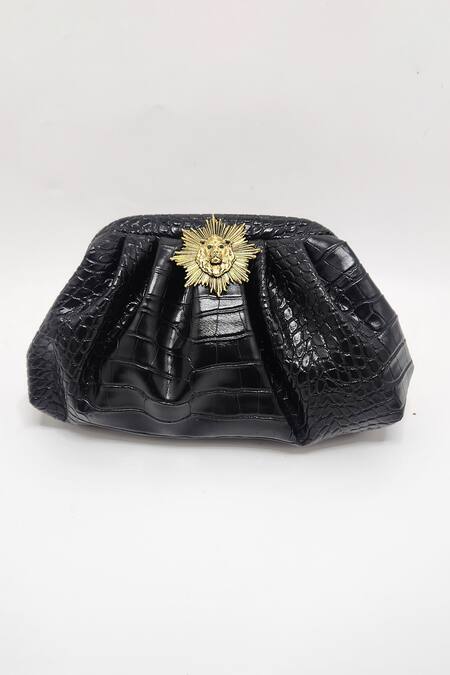 Adwita Bags & Jewels_Black Brooch Lion Textured Pouchette Bag _Online_at_Aza_Fashions