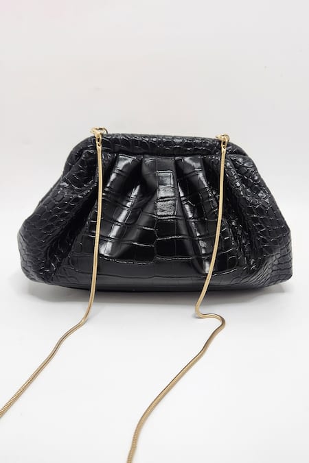 Buy_Adwita Bags & Jewels_Black Brooch Lion Textured Pouchette Bag _Online_at_Aza_Fashions