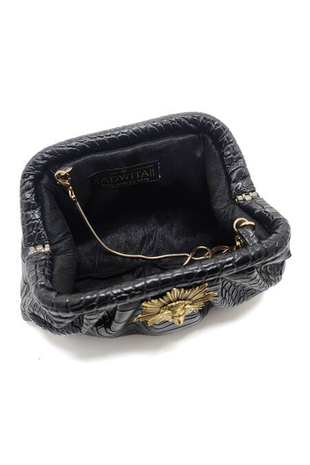 Shop_Adwita Bags & Jewels_Black Brooch Lion Textured Pouchette Bag _Online_at_Aza_Fashions