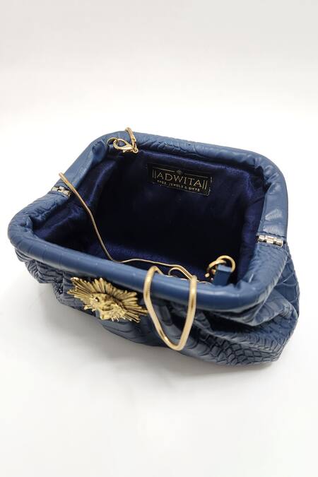 Shop_Adwita Bags & Jewels_Blue Brooch Textured Pouchette Bag With Lion _Online_at_Aza_Fashions