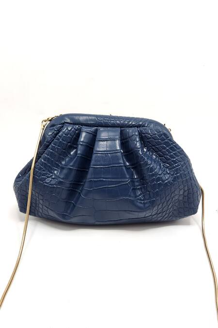 Adwita Bags & Jewels_Blue Brooch Textured Pouchette Bag With Lion _at_Aza_Fashions