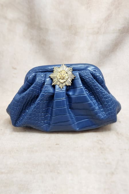 Buy_Adwita Bags & Jewels_Blue Brooch Textured Pouchette Bag With Lion 