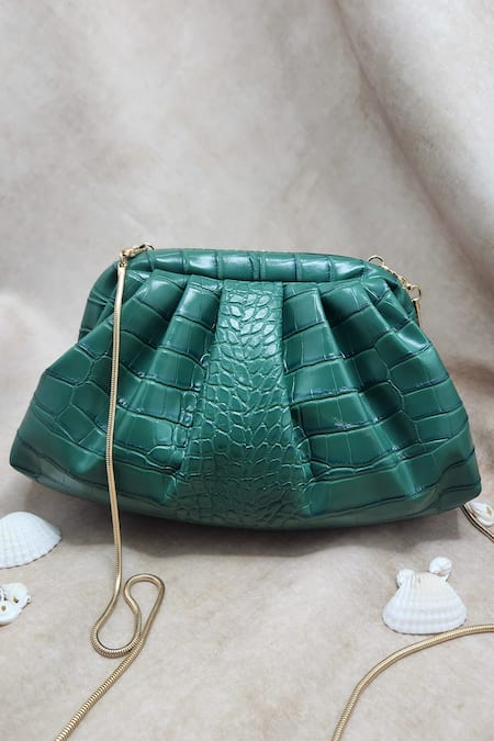 Shop Adwita Bags & Jewels Green Brooch Textured Pouchette Bag With Lion at Aza Fashions Shop_Adwita Bags & Jewels_Green Brooch Textured Pouchette Bag With Lion _at_Aza_Fashions