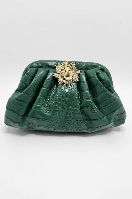 Adwita Bags & Jewels Green Brooch Textured Pouchette Bag With Lion Online at Aza Fashions Adwita Bags & Jewels_Green Brooch Textured Pouchette Bag With Lion _Online_at_Aza_Fashions