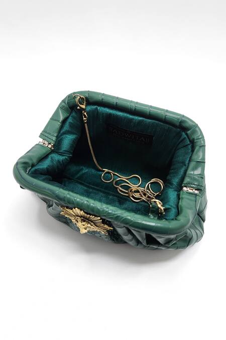 Shop Adwita Bags & Jewels Green Brooch Textured Pouchette Bag With Lion Online at Aza Fashions Shop_Adwita Bags & Jewels_Green Brooch Textured Pouchette Bag With Lion _Online_at_Aza_Fashions