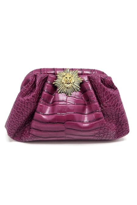 Adwita Bags & Jewels_Pink Brooch Textured Pouchette Bag With Lion _Online_at_Aza_Fashions
