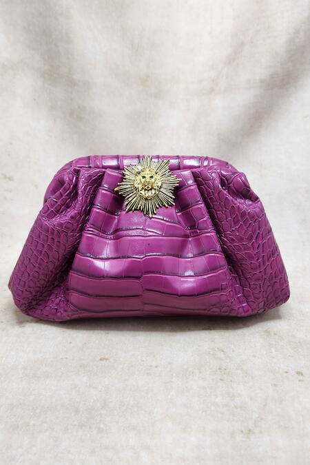 Adwita Bags & Jewels_Pink Brooch Textured Pouchette Bag With Lion _at_Aza_Fashions
