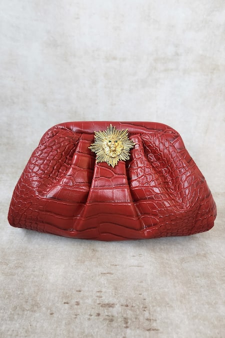 ADWITA BAGS & JEWELS Lion Brooch Textured Pouchette Bag 