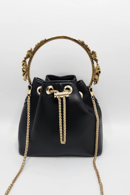 Adwita Bags & Jewels Black Carved Floral Handle Bucket Bag 