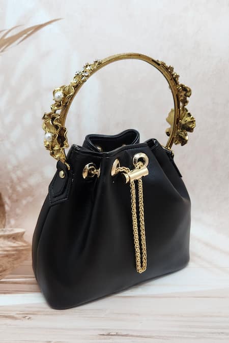 Adwita Bags & Jewels_Black Stone Carved Floral Handle Bucket Bag _Online_at_Aza_Fashions