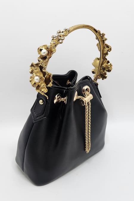 Buy_Adwita Bags & Jewels_Black Stone Carved Floral Handle Bucket Bag _Online_at_Aza_Fashions