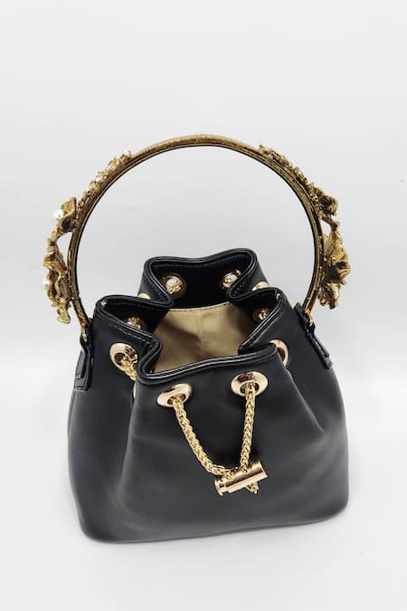 Shop_Adwita Bags & Jewels_Black Stone Carved Floral Handle Bucket Bag _Online_at_Aza_Fashions