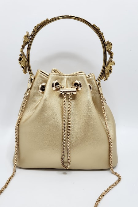 Adwita Bags & Jewels Gold Floral Carved Handle Bucket Bag 