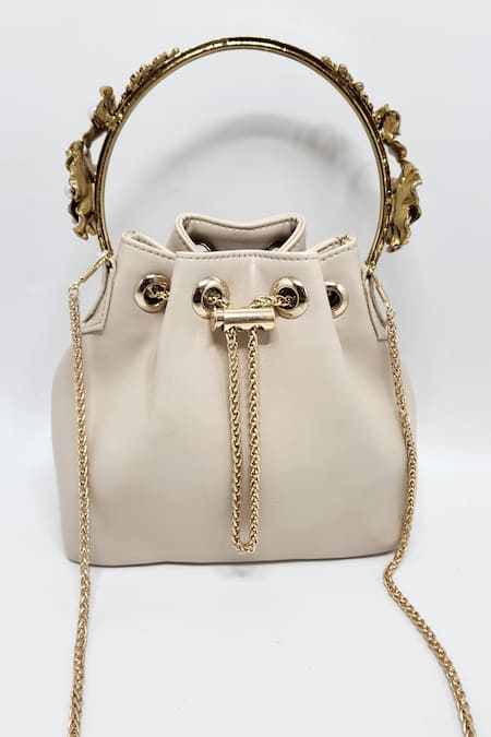 Adwita Bags & Jewels Carved Handle Pearl Embellished Bucket Bag 