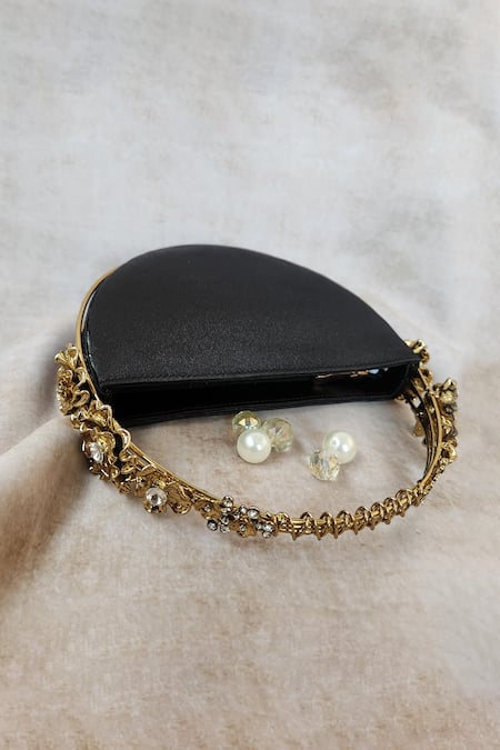 Adwita Bags & Jewels Black Stone Embellished Half Moon Bag 