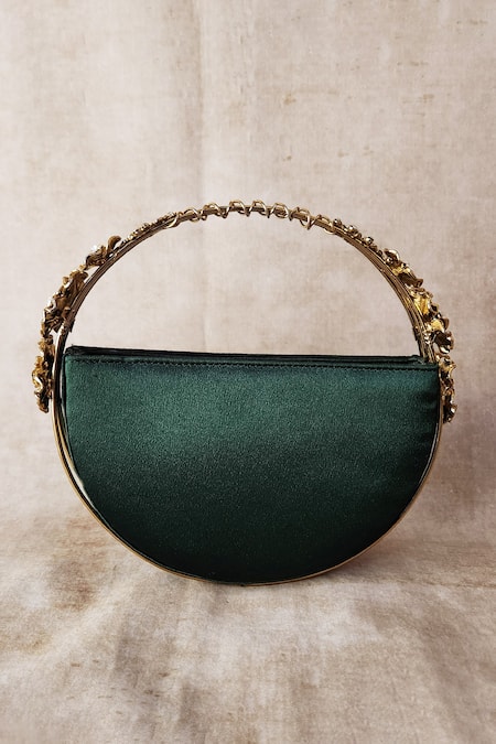 Adwita Bags & Jewels_Green Stone Half Moon Bag With Carved Floral Handle _Online_at_Aza_Fashions