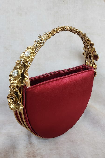 Adwita Bags & Jewels Red Stone Half Moon Bag With Embellished Handle Online at Aza Fashions Adwita Bags & Jewels_Red Stone Half Moon Bag With Embellished Handle _Online_at_Aza_Fashions