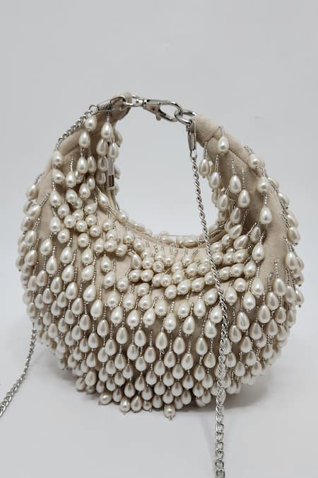 Adwita Bags & Jewels Grey Pearl Tassel Half Moon Handbag 