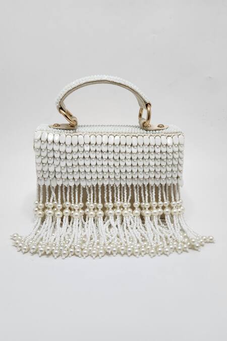 Adwita Bags & Jewels White Embroidery Pearl Dangler Flap Bag Online at Aza Fashions Adwita Bags & Jewels_White Embroidery Pearl Dangler Flap Bag _Online_at_Aza_Fashions