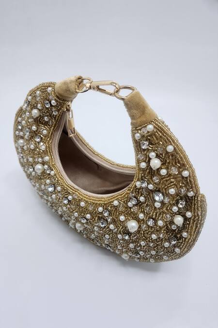 Adwita Bags & Jewels Gold Embellished Pearl Chaand Bag Online at Aza Fashions Adwita Bags & Jewels_Gold Embellished Pearl Chaand Bag _Online_at_Aza_Fashions